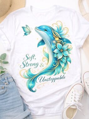 Unstoppable Soft, Strong & Dolphin Graphic Tee - White / Teal